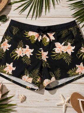 Women’s Black Floral Swim Shorts - Pink & Green